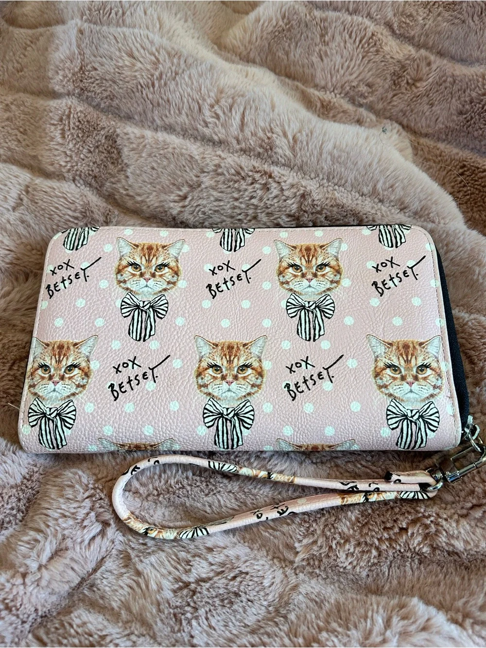 Betsey Johnson Pink Cat Pattern Wristlet Wallet with Bow Accents